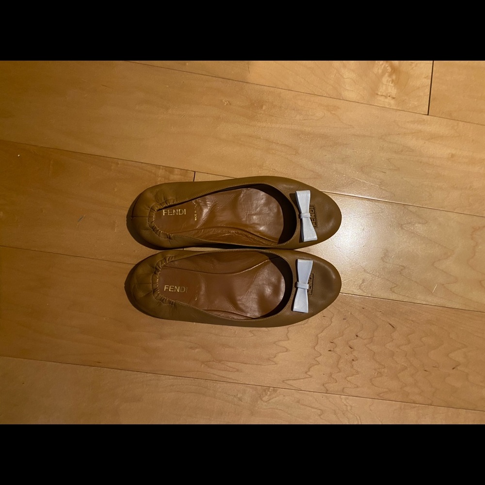 Fendi Camel Flats with White Bow